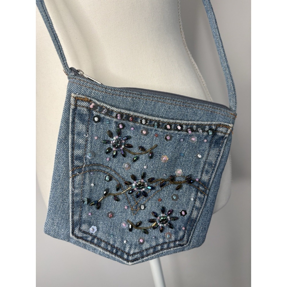 Hand & Heart Levi's Denim Jeans Upcylced Crossbody Purse Beaded Boho Bag